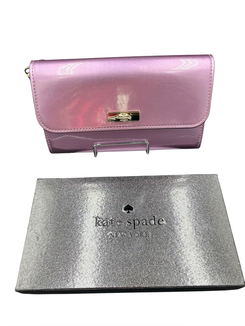Kate Spade New York Metallic Pink Patent Clutch Wristlet + Gift Box